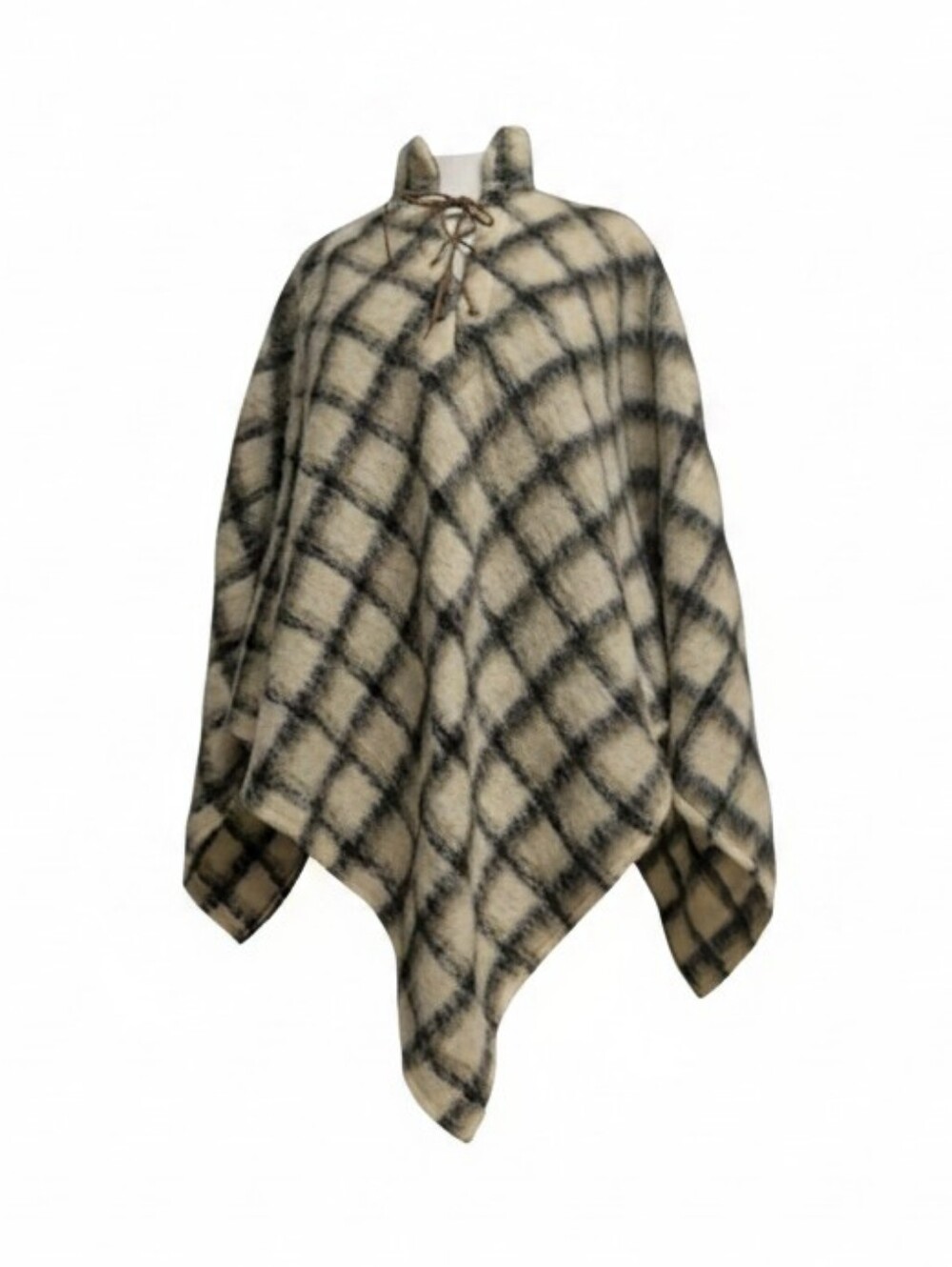 Wool Asymmetrical Poncho Neutral Check Pattern/Plaid Muiltisize Leather Tie Up